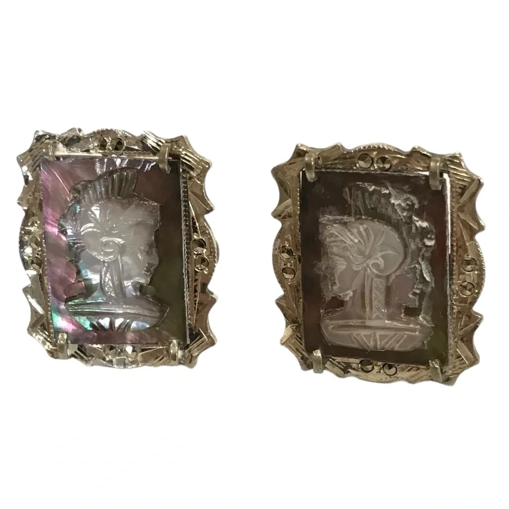 Silver 800 Abalone MOP Marcasite Hand Carved Roman Soldier Cuff Link Set
